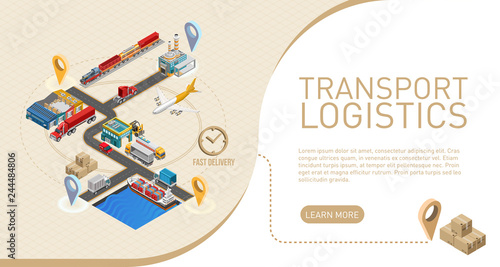 Explanation of transport logistics term near graphic scheme of delivery service for website