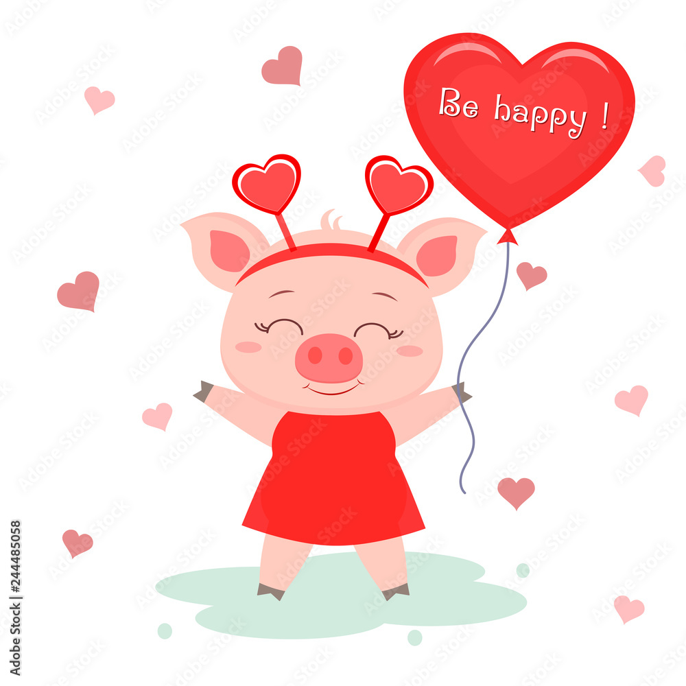 Congratulations on Valentine s Day. A cute pig with a rim and in a red dress is standing and holding a heart-shaped balloon. Flat design, cartoon style, vector Congratulations on Valentine s Day. A cute pig with a rim and in a red dress is standing and holding a heart-shaped balloon. Flat design, cartoon style, vector