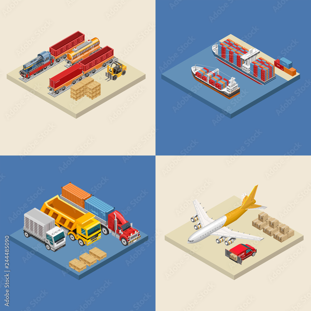 Set of isometric vector illustrations of various types of freight vessels and vehicles