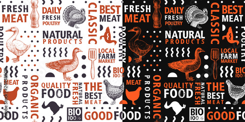 Typographic vector butchery seamless pattern. Graphical goose, hen, turkey, duck silhouette, hand drawn retro illustrations. Vintage styled farm background template. Can be use for packaging and menu.