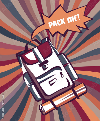 Backpack in pop art style. Vector image