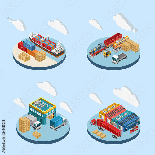 Isometric vector illustrations of white clouds over various freight transport and industrial facilities