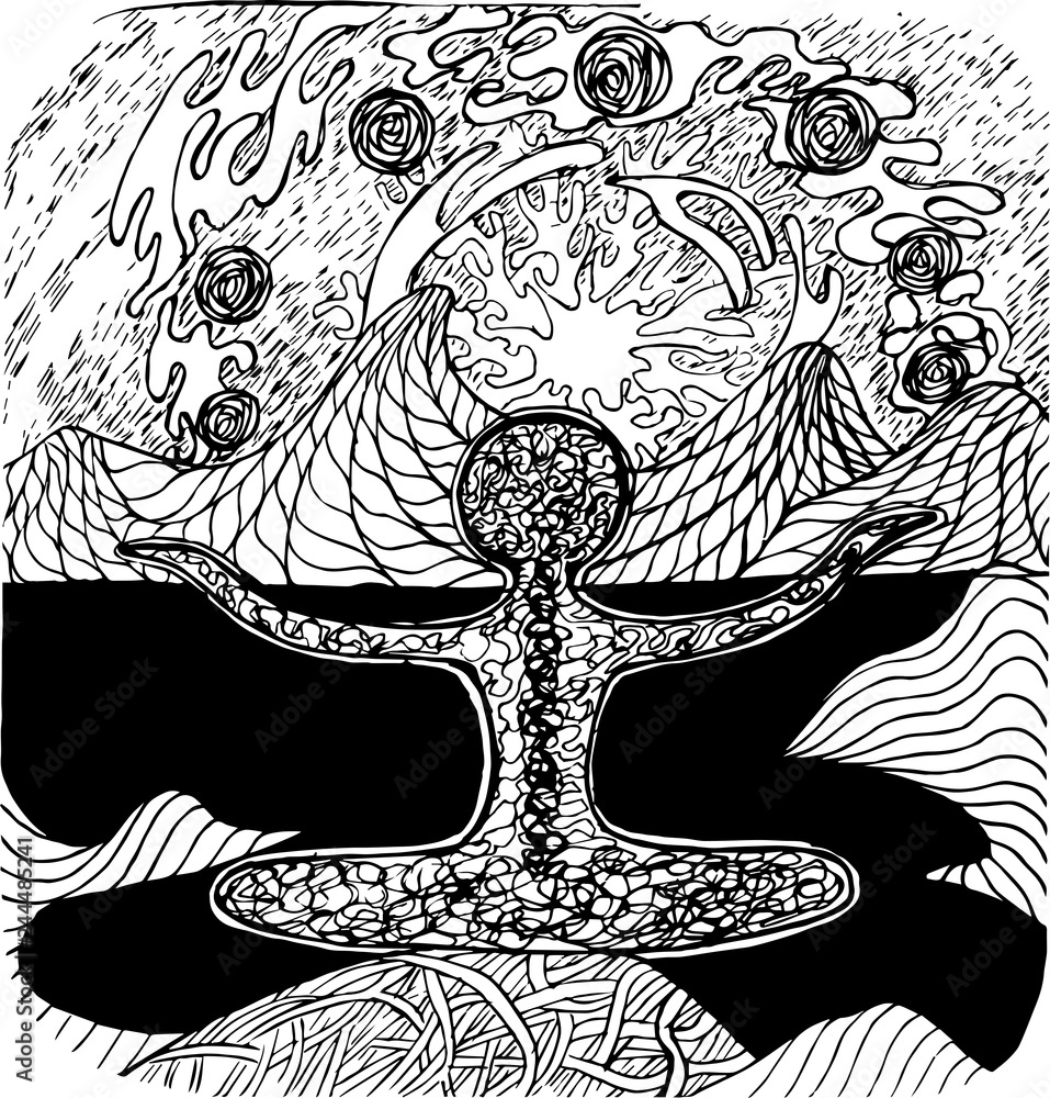 Pattern of a man meditating on nature and planets. Everything plays with patterns in the psychedelic game of life. Pattern of a man meditating on nature and planets. Everything plays with patterns in the psychedelic game of life.