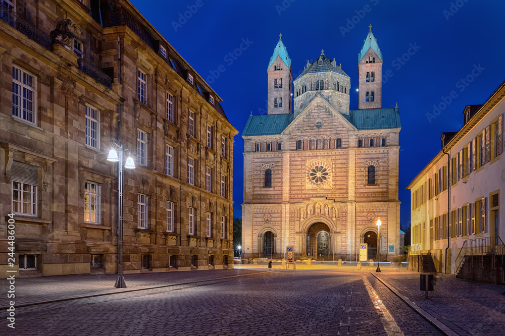 Facade of Speyer Cathedral (Dom zu Speyer) at dusk, Germany