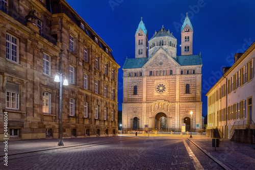 Facade of Speyer Cathedral (Dom zu Speyer) at dusk, Germany