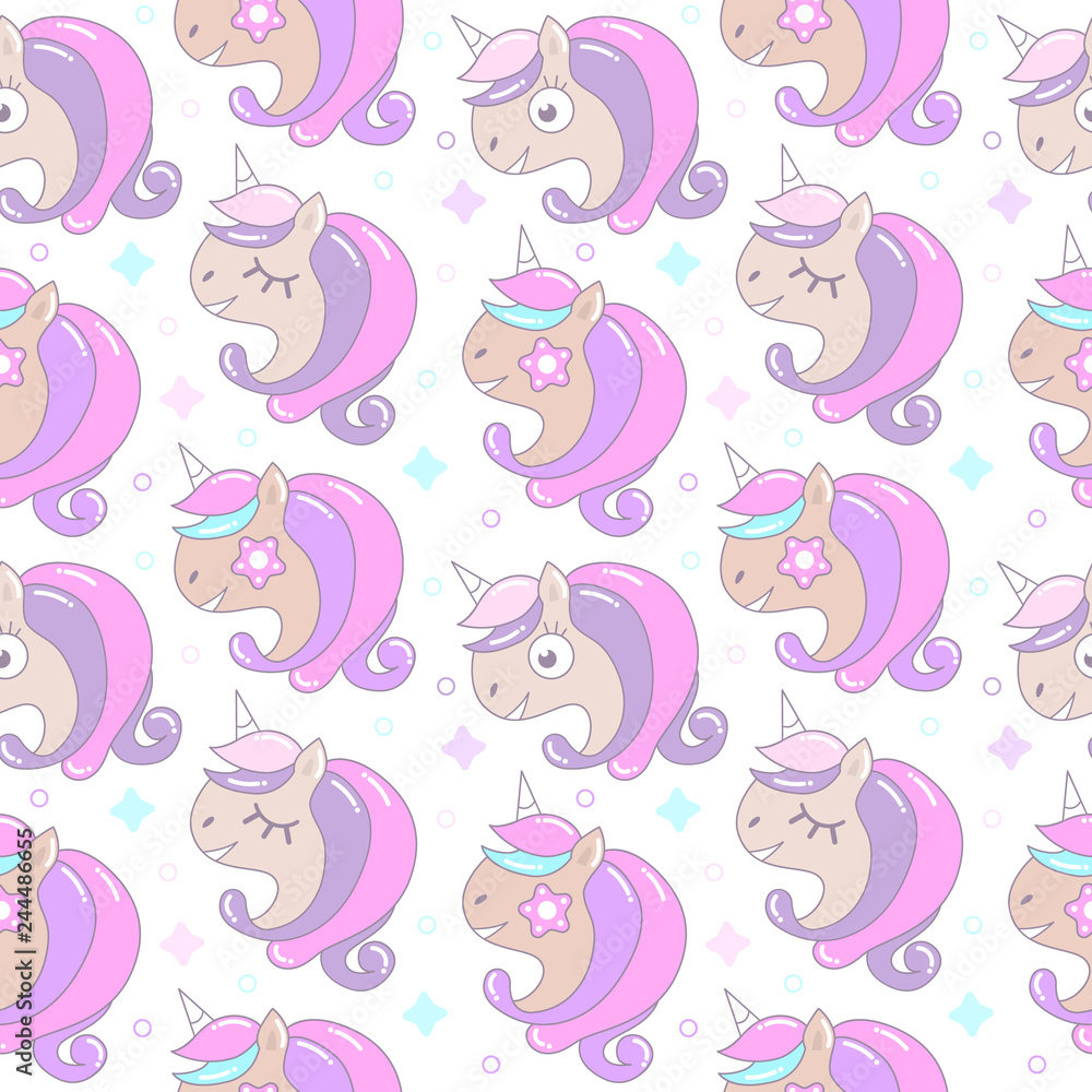 Girlish seamless Pattern with cute unicorns on a white background. Girlish seamless Pattern with cute unicorns on a white background.