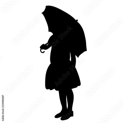 vector, on a white background, black silhouette of a little girl with an umbrella