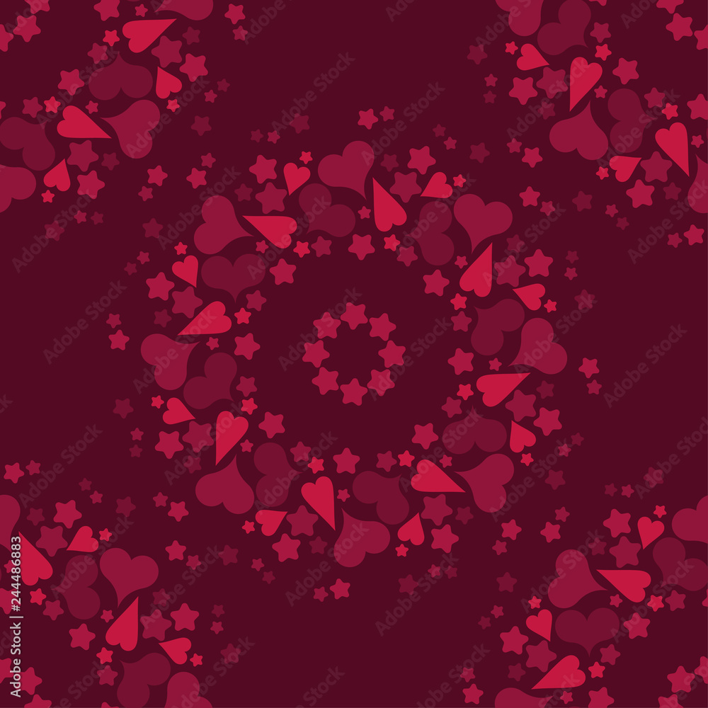 Seamless pattern with decorative hearts and stars. Mandala. Sacred image. Valentine's day. Vector illustration. Can be used for wallpaper, textile, invitation card, web page background.