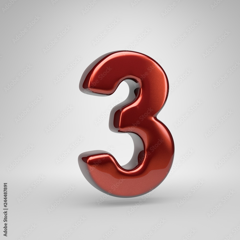 3D number 3. Red metallic letter isolated on white background 3D number 3. Red metallic letter isolated on white background