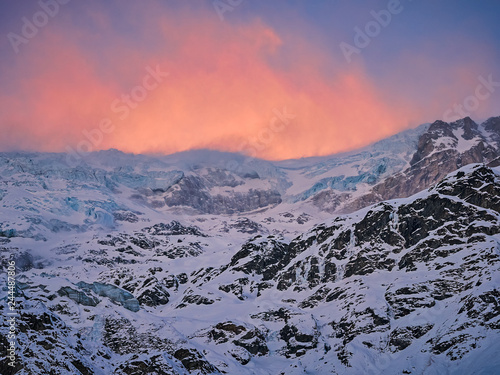 Sunrise over the swiss alps glacier