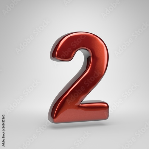3D number 2. Red metallic letter isolated on white background