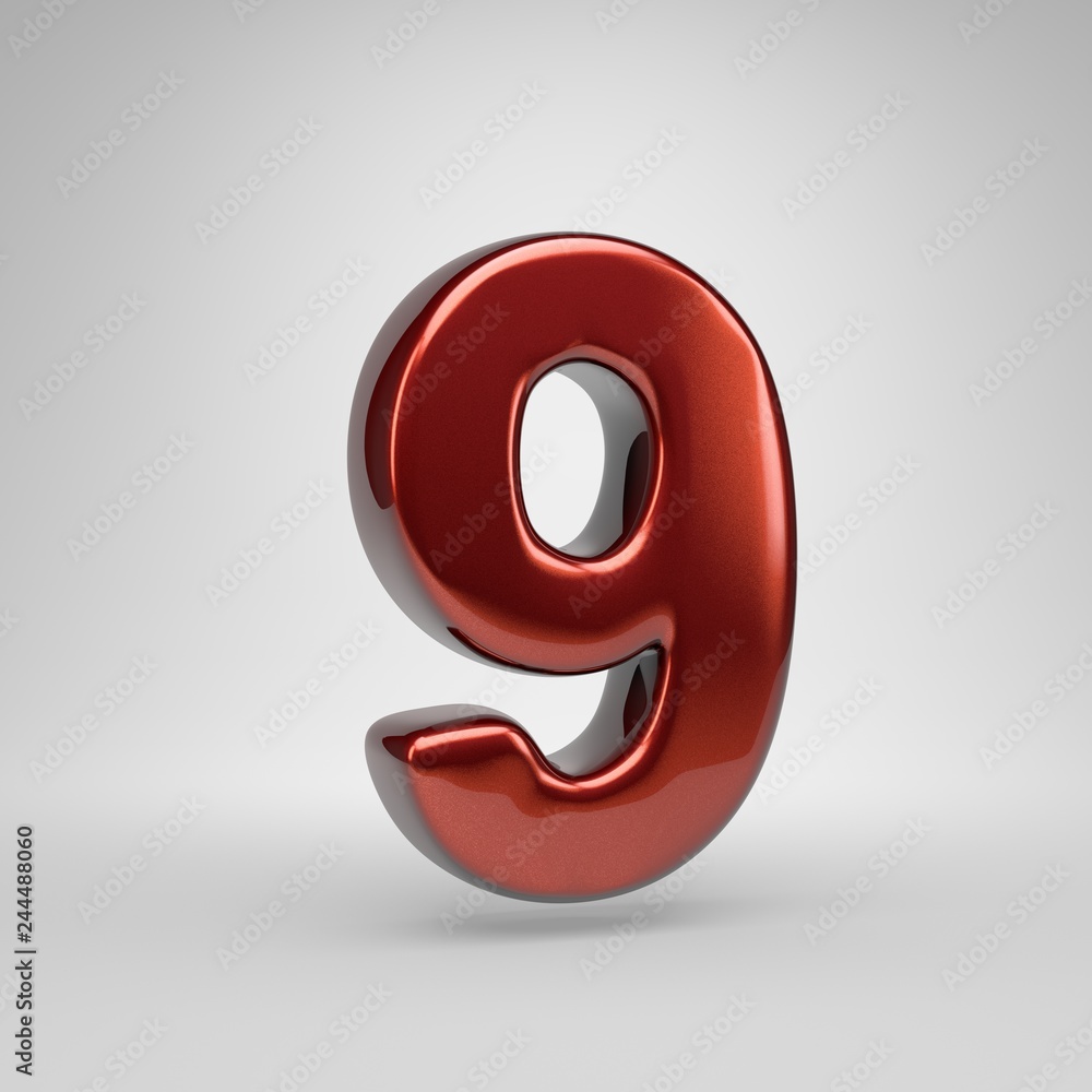3D number 9. Red metallic letter isolated on white background 3D number 9. Red metallic letter isolated on white background