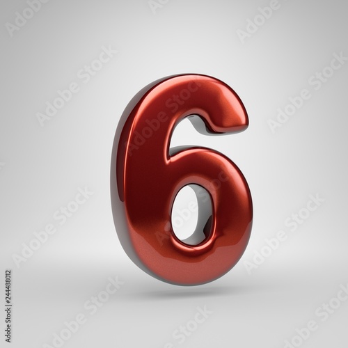 3D number 6. Red metallic letter isolated on white background