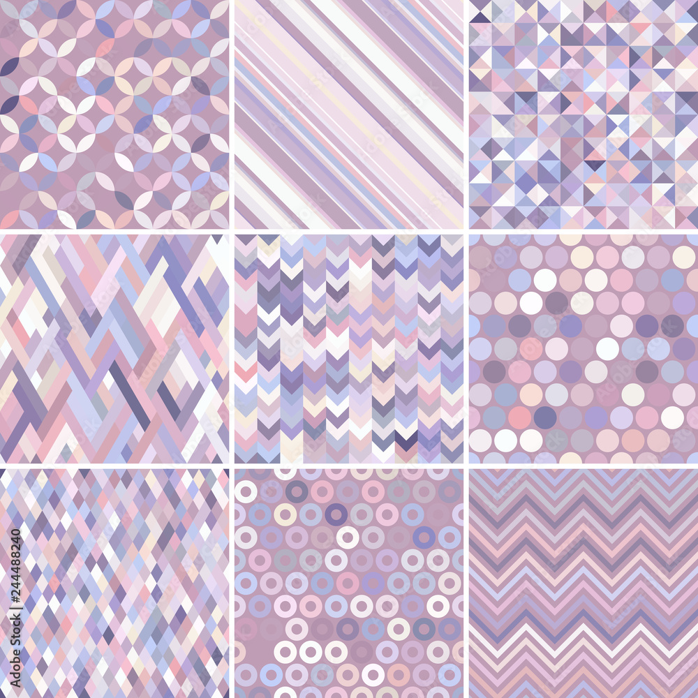 Set with nine seamless abstract geometric pattern, vector illustration. Pastel pink, white colors. Set with nine seamless abstract geometric pattern, vector illustration. Pastel pink, white colors.
