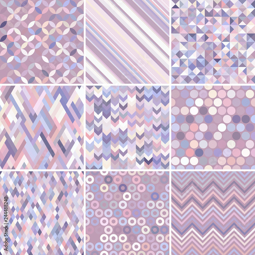 Set with nine seamless abstract geometric pattern, vector illustration. Pastel pink, white colors.