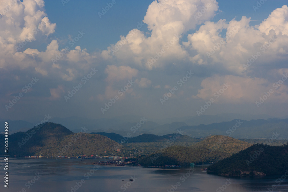 Nature scene of Srinagarind Dam with cloudy sky at kanchanaburi ,Thailand
