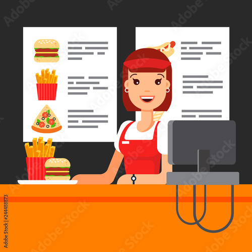 Happy fast food saleswoman in uniform with cash register. The snack seller in luncheonette, hamburger french fries pizza - flat vector illustration