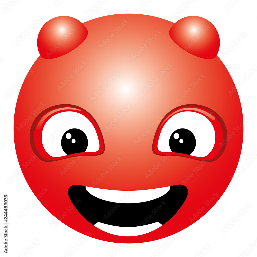 Fototapeta premium Red smiling face with horns icon on white background.