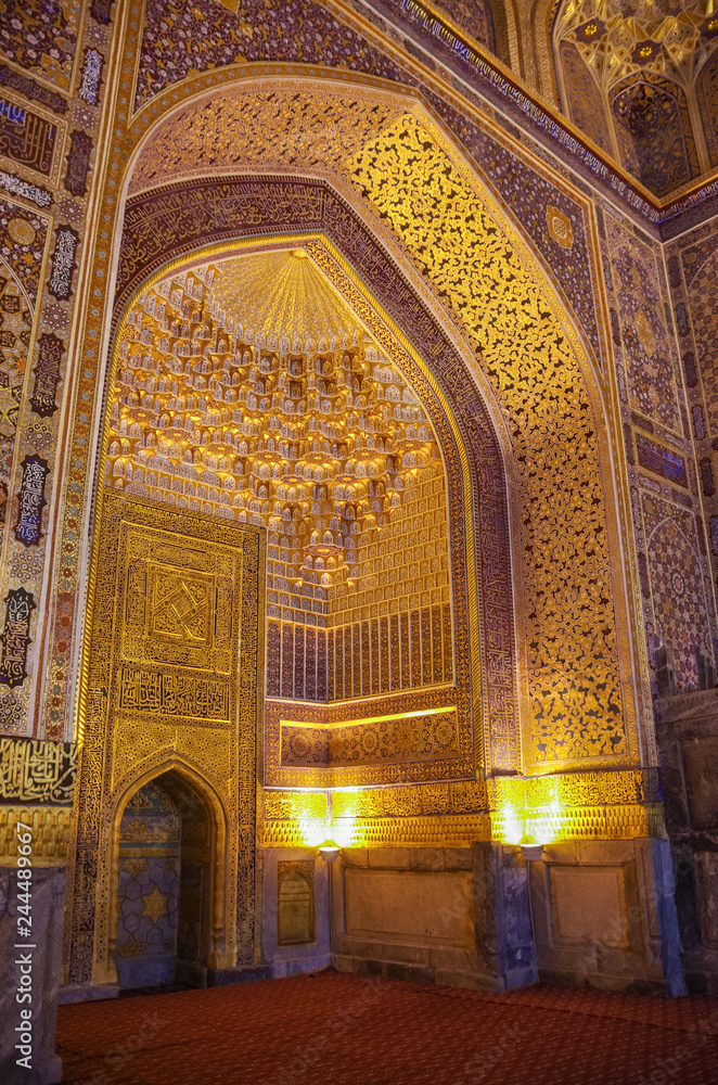   Interior of Tilya Kori Mosque and Madrasah located in Registan Square, in Samarkand, Uzbekistan.