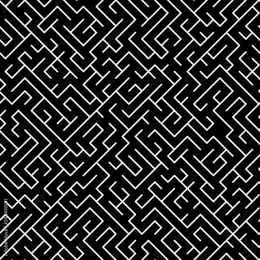 Black and white maze puzzle geometric seamless pattern, vector Black and white maze puzzle geometric seamless pattern, vector
