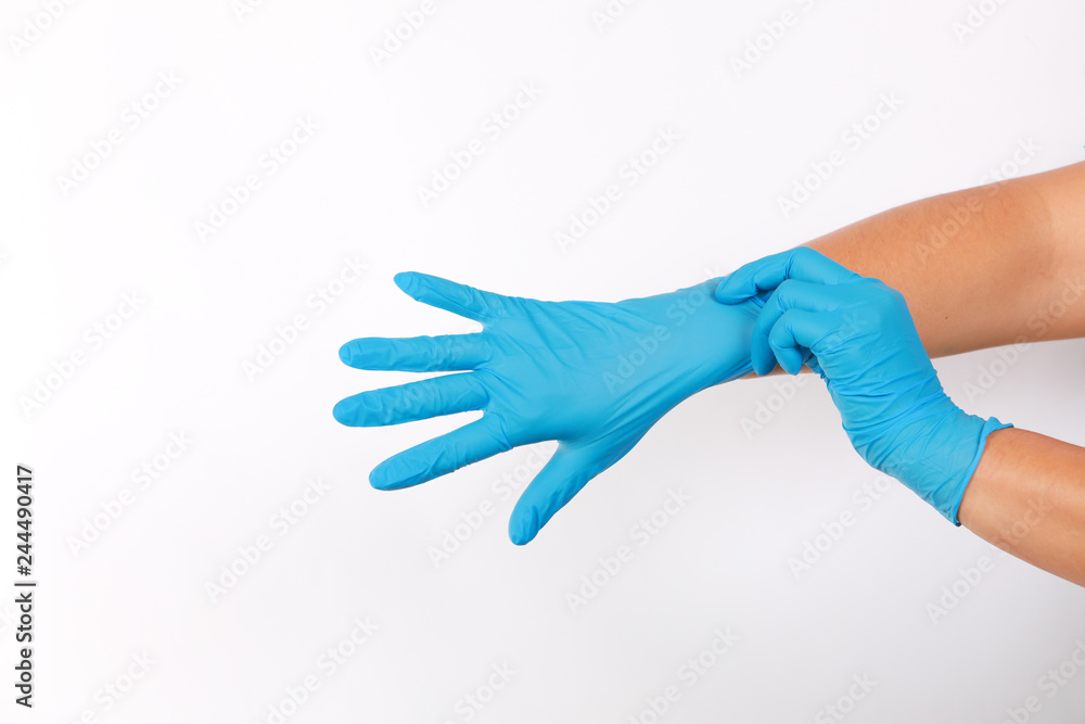 Human wearing glove on white background. Human wearing glove on white background.
