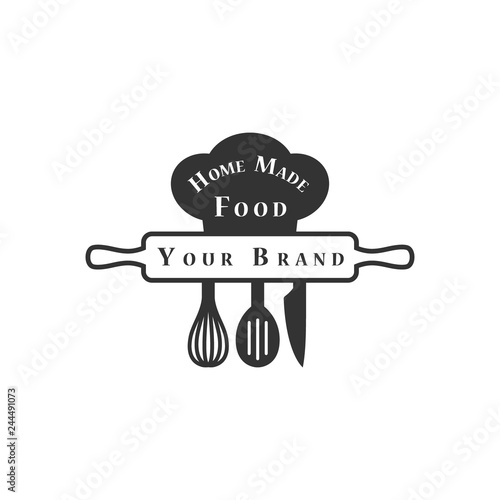 Restaurant business logo black vector design. Home kitchen trademark stamp of rolling pin, chef cap, whisk, slotted spoon and knife.