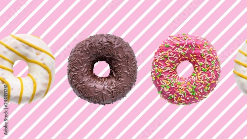 Donuts colorful animation on pink white striped background. Moving Doughnuts seamless loop.