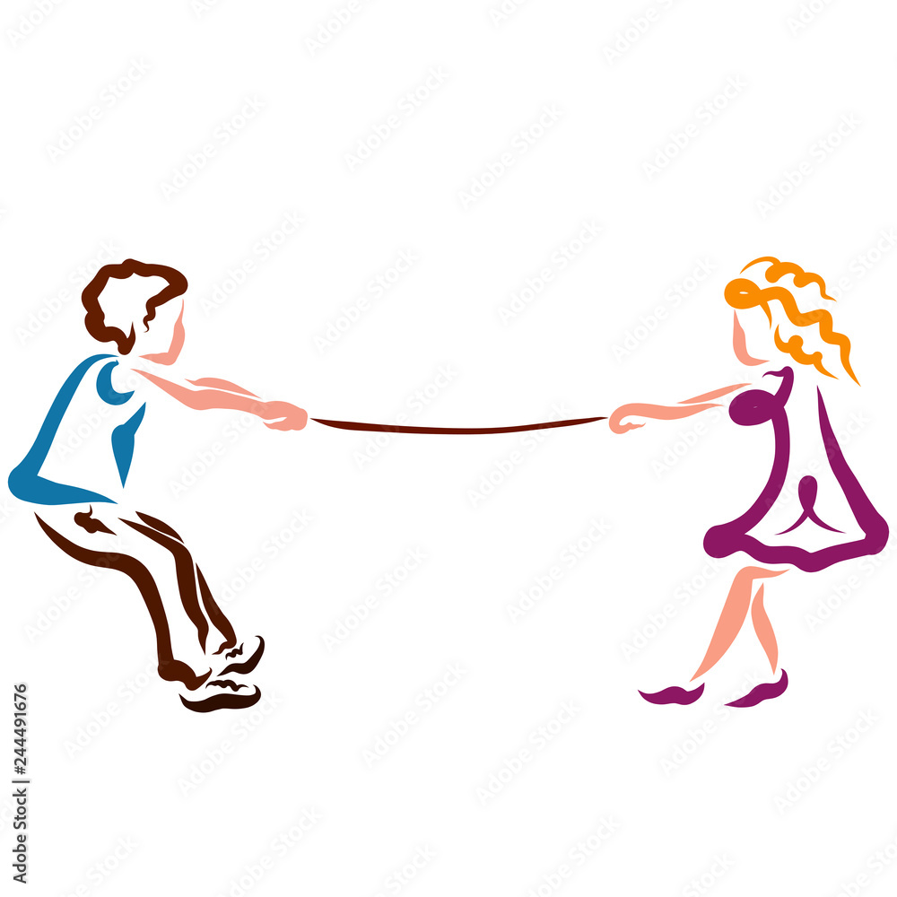 man and woman or children, rope pulling, competition or game Stock