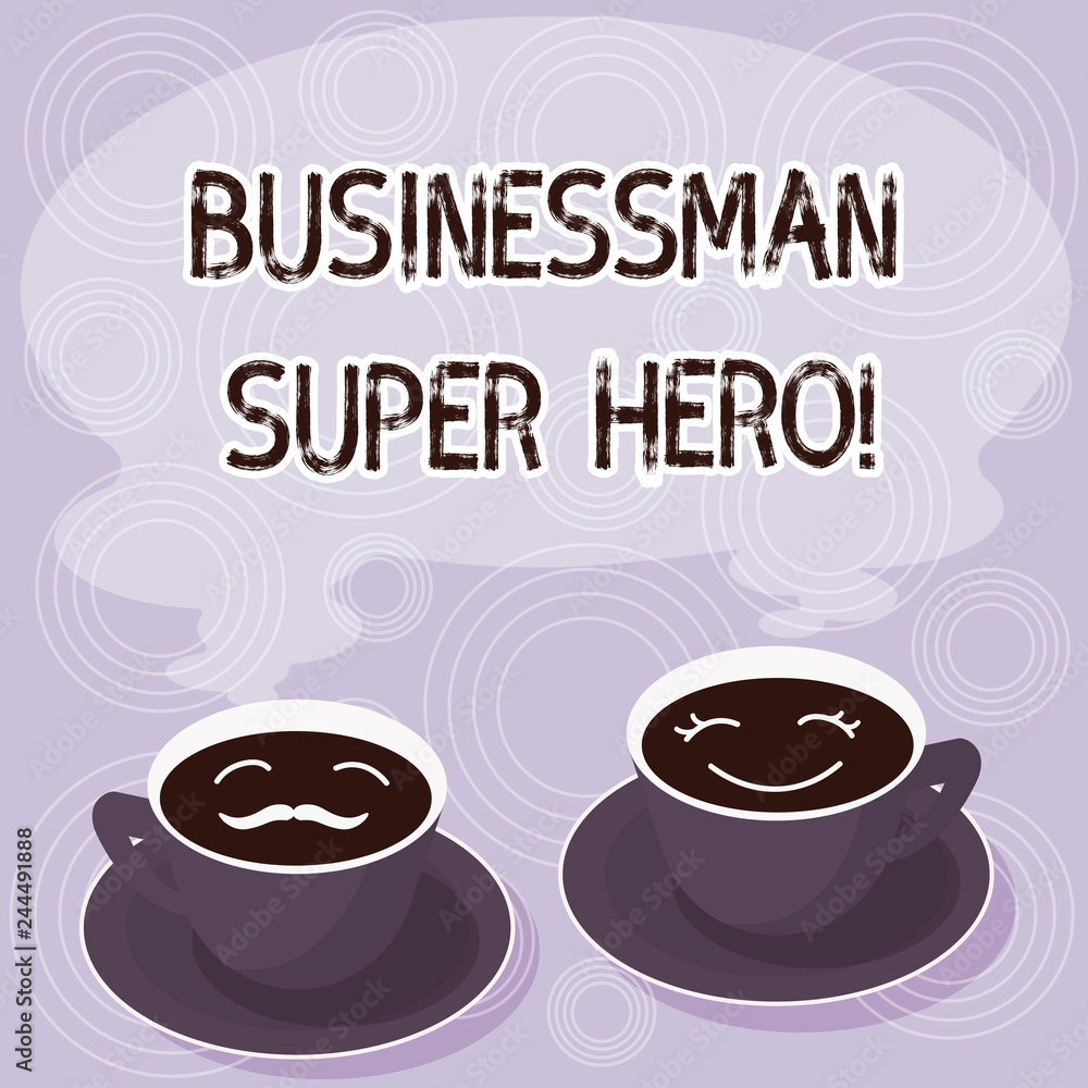 Obraz premium Text sign showing Businessanalysis Super Hero. Conceptual photo assumes the risk of a business or enterprise Sets of Cup Saucer for His and Hers Coffee Face icon with Blank Steam