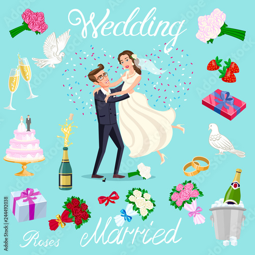 set vector wedding just married couple with hearts avatars characters. roses flowers champagne cake newlyweds pigeons gifts rings strawberry bow ice bubbles