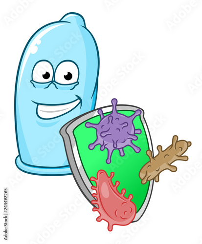 Cartoon condom and microbes