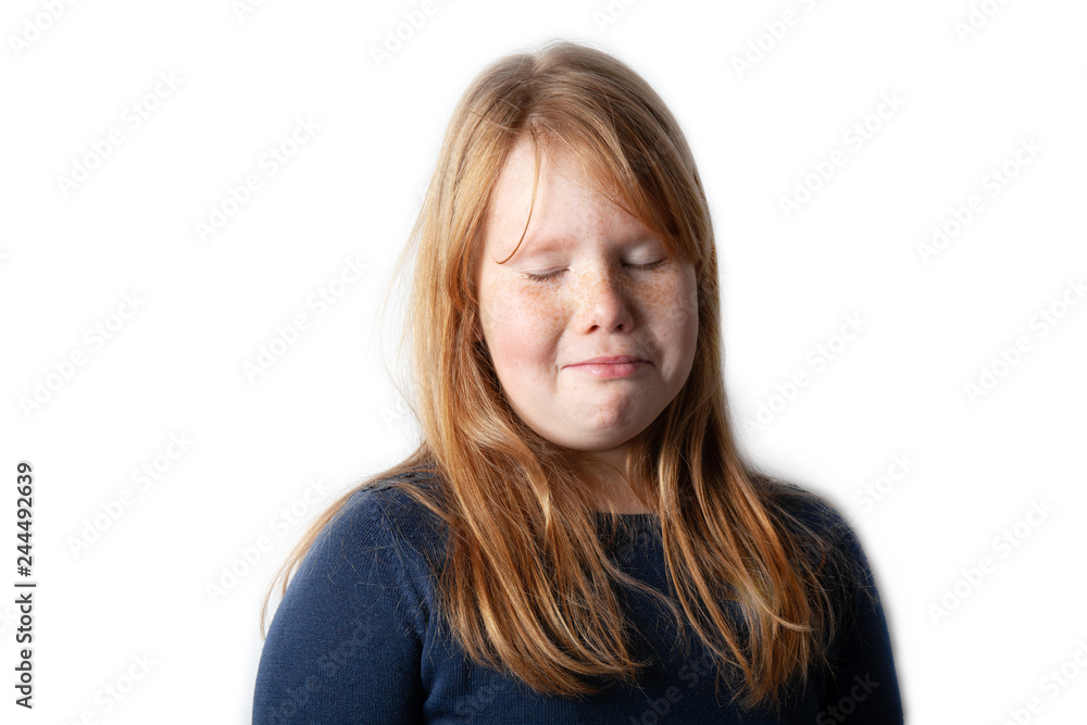 Fat girl baby crying, tears in her eyes. Shouts, offended, upset.