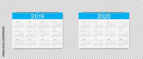 Vector Calendar of 2019 and 2020 years. Template Loose-leaf Calendars for 2019 and 2020 with pointers holidays. Week starts on Sunday