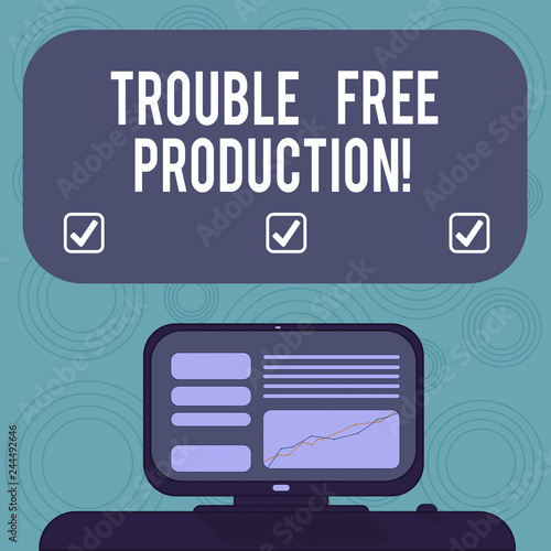 Conceptual hand writing showing Trouble Free Production. Business photo showcasing Without problems or difficulties in the production Mounted Computer Screen with Line Graph on Desk Text Box photo