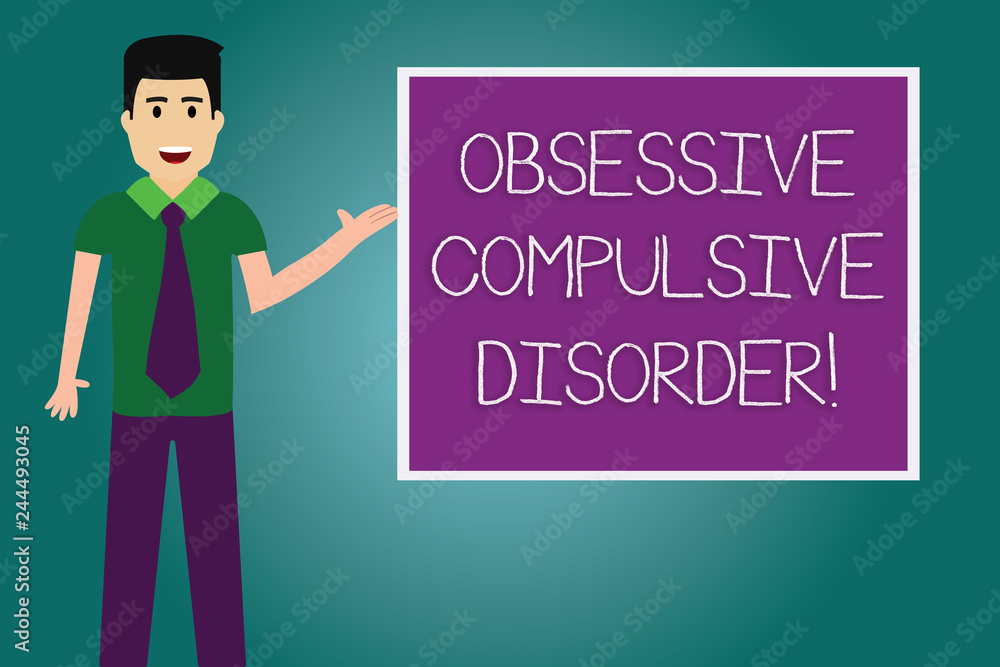 Conceptual hand writing showing Obsessive Compulsive Disorder. Business photo showcasing Person has uncontrollable reoccurring thoughts Man with Tie Talking Presenting Blank Color Square Board Conceptual hand writing showing Obsessive Compulsive Disorder. Business photo showcasing Person has uncontrollable reoccurring thoughts Man with Tie Talking Presenting Blank Color Square Board
