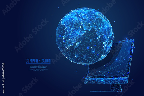 Global world and monitor screen low poly blue