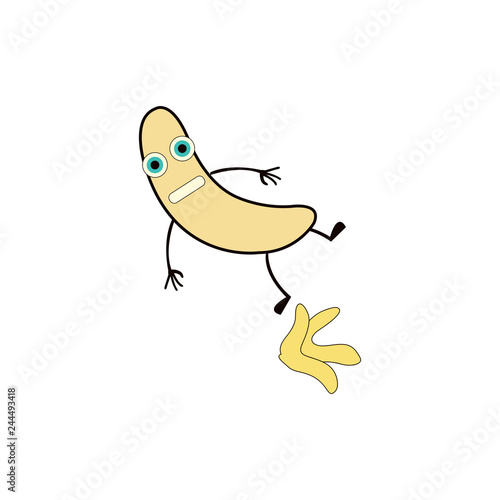 banana slipping on a banana peel flat design. EPS 10 vector.