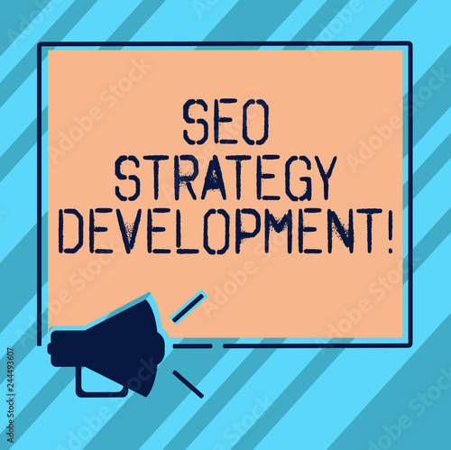 Text sign showing Seo Strategy Development. Conceptual photo Process of organizing a website s is content Megaphone Sound icon Outlines Blank Square Loudspeaker Text Space photo © Artur