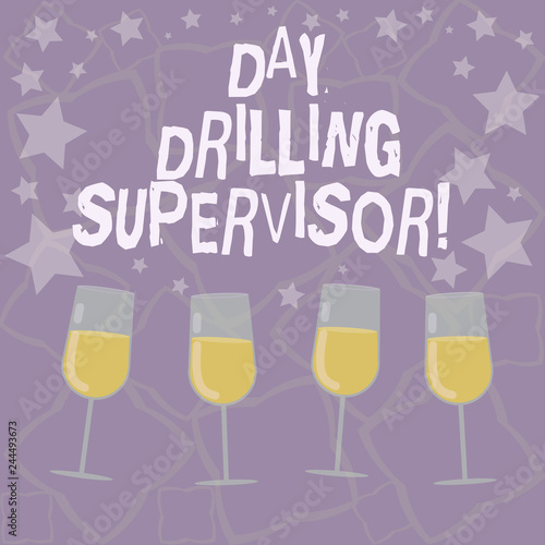 Writing note showing Day Drilling Supervisor. Business photo showcasing In charge of the drill operators at a quarry Filled Cocktail Wine Glasses with Scattered Stars as Confetti Stemware