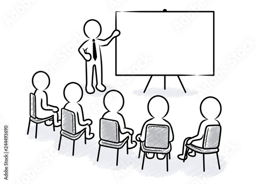 Business presentation: Speaker points to a blank white flipchart in front of a sitting spectators / black and white, vector contour drawing