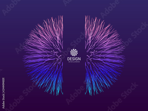 Point explode. Array with dynamic emitted particles. 3d technology style. Abstract background. Vector illustration.
