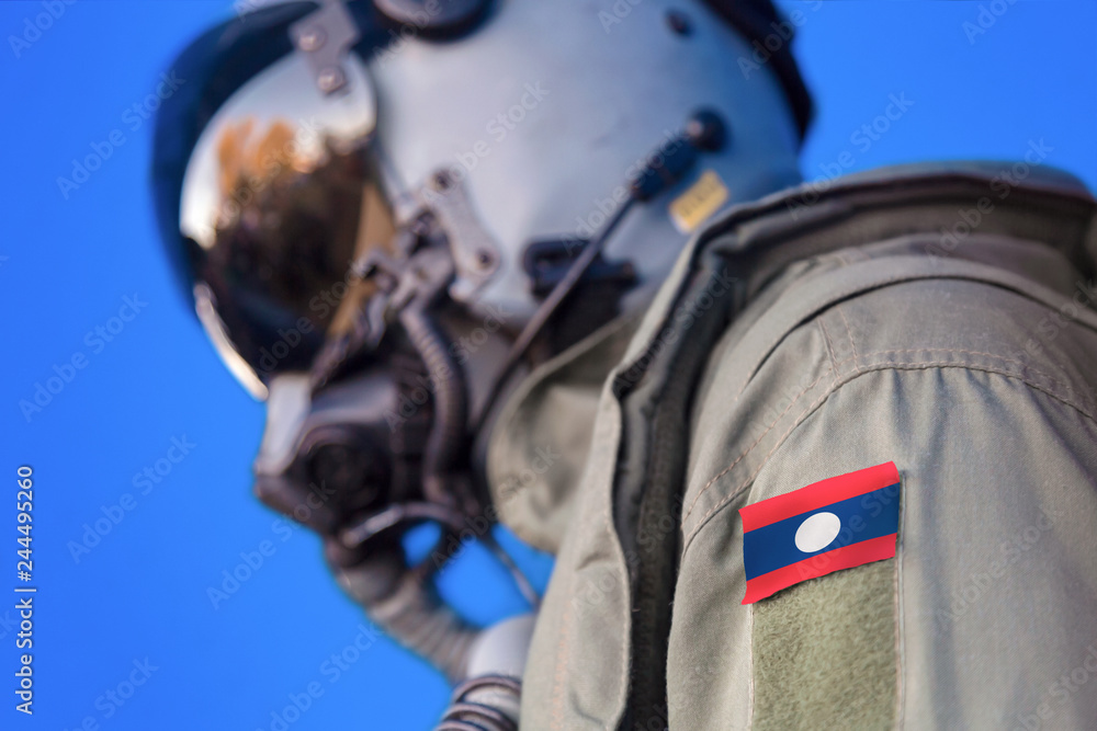 Air force pilot flight suit uniform with Laos flag patch. Military jet aircraft pilot Air force pilot flight suit uniform with Laos flag patch. Military jet aircraft pilot