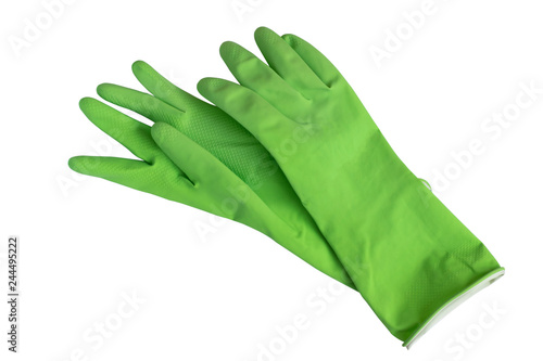 Green rubber gloves isolated on white background. Housework equipment. Arm's protection.