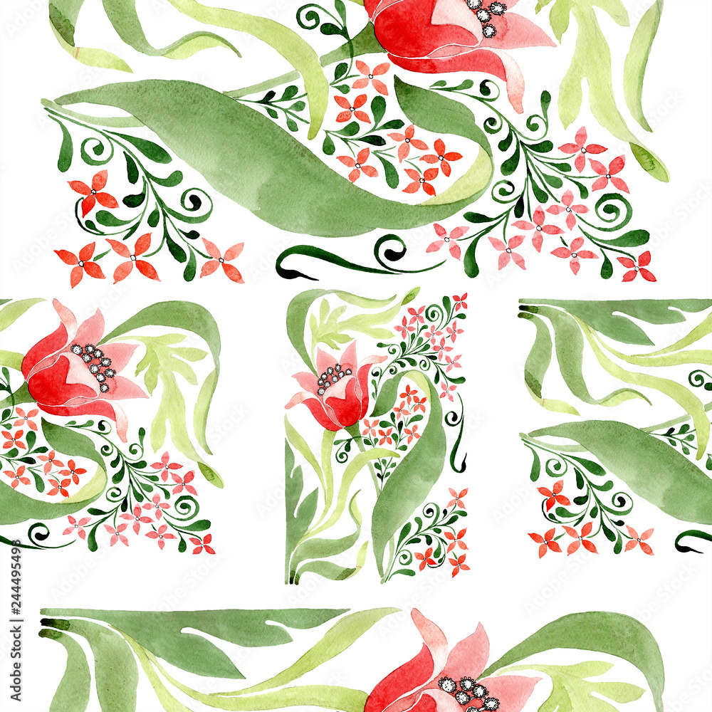 Obraz premium Red floral botanical flower. Watercolor background illustration set. Seamless ornament background pattern.