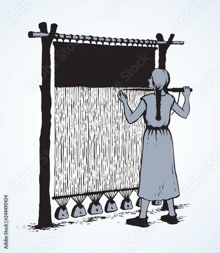Vector illustration. Woman weaves in ancient loom