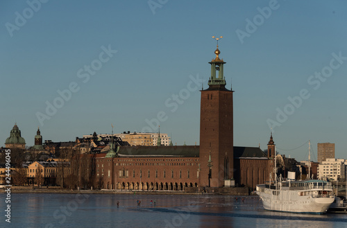 The Town City Hall in Stockholm a Sunny winter day at the frozen lake Mälaren