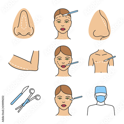 Plastic surgery color icons set