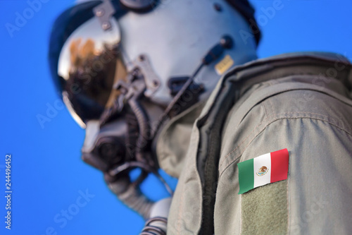 Air force pilot flight suit uniform with Mexico flag patch. Military jet aircraft pilot 