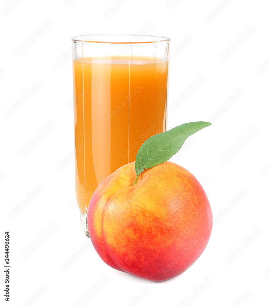 glass of peach juice with peach fruit and slices isolated on white background. glass of peach juice with peach fruit and slices isolated on white background.