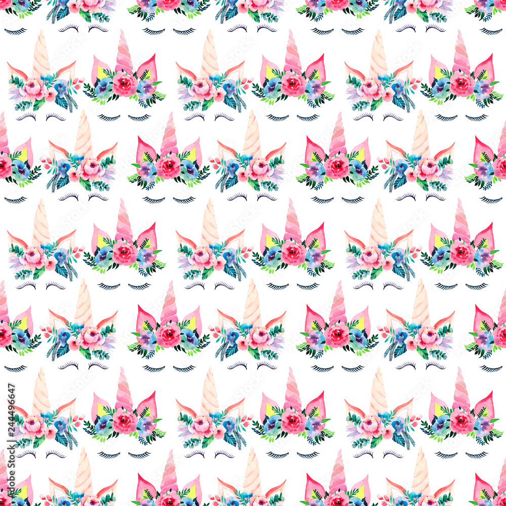 Bright beautiful spring lovely cute fairy magical colorful pattern of unicorns with eyelashes in the floral tender crown watercolor hand illustration Perfect for greeting cards, textile, backgrounds
